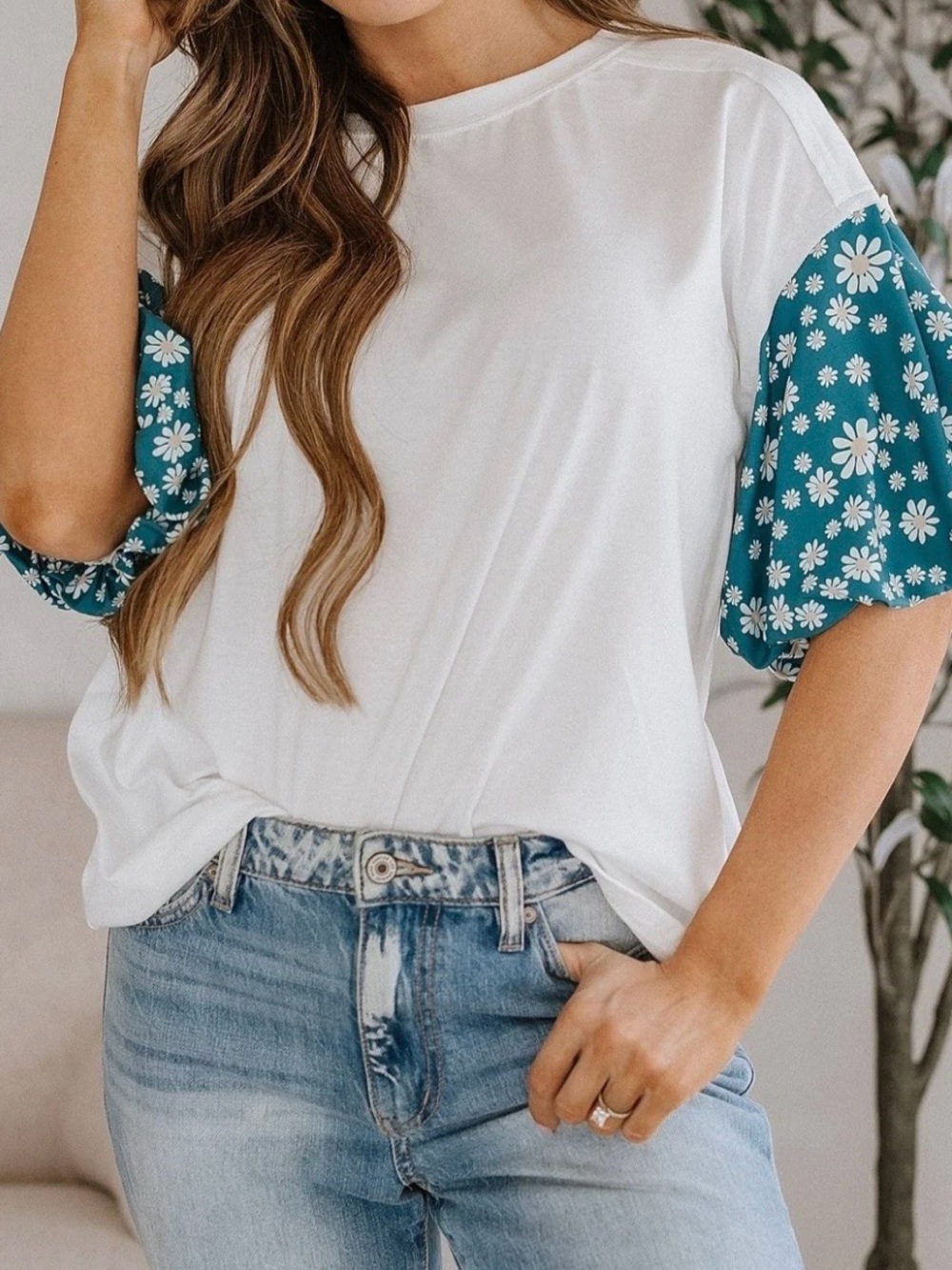 White Tee with Teal Floral Puff Sleeves - Casual Women's Top